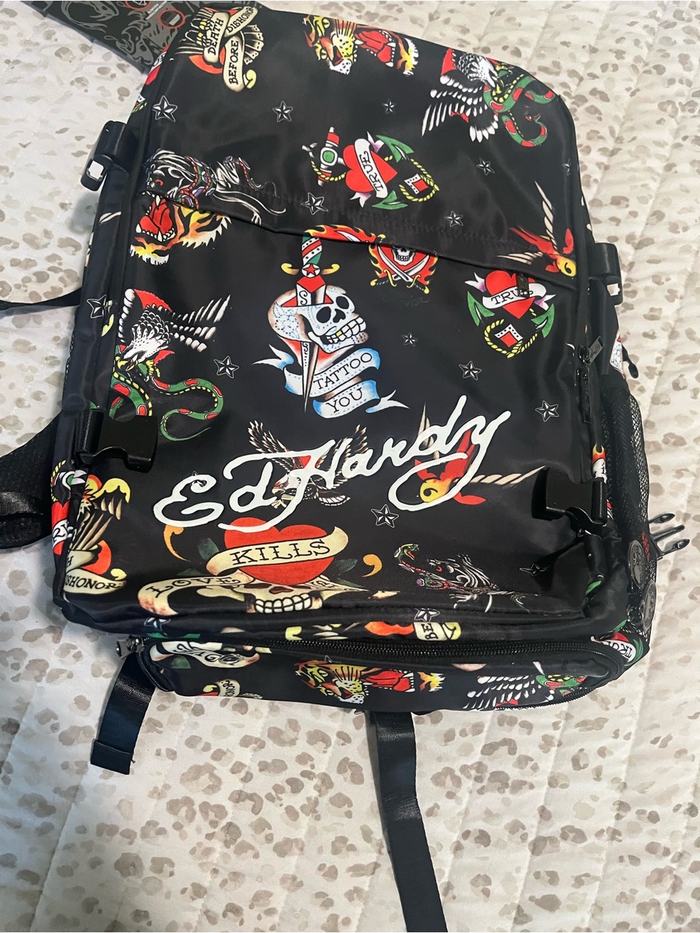 Ed Hardy Black Tattoo-Print Backpack with Multicolor Accents